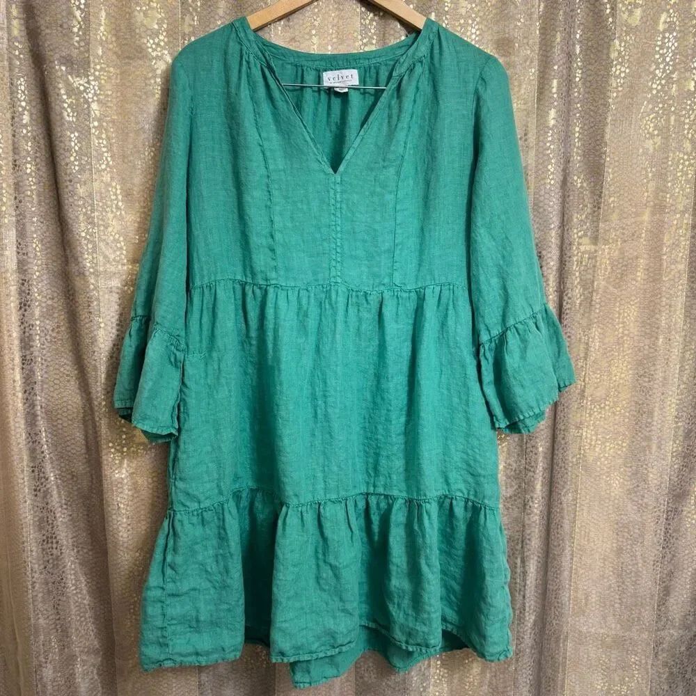 Velvet by Graham and Spencer Aurora Washed Green 100% Linen Dress Small